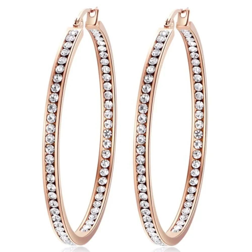 14K Rose Gold with White Diamond Cubic Zirconia Big Hoop Latch Back Earrings
